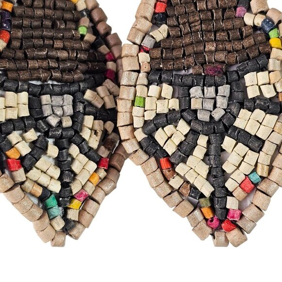 Wood Beaded Dangle Earings Leather Back Handmade Brown Multicolor Silver Tone - Picture 3 of 7